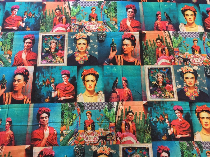 Frida Kahlo Teal Cotton Fabric - Asamani Fabrics