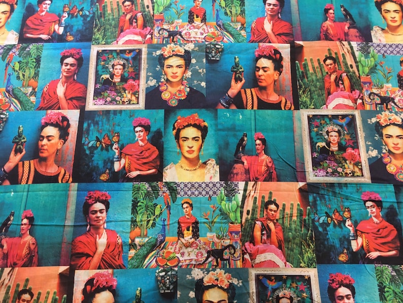 Frida Kahlo Teal Cotton Fabric - Asamani Fabrics