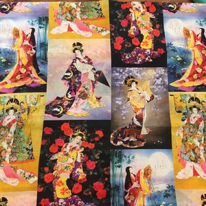 Peut inclure: Un tissu coloré avec un motif répétitif de femmes en vêtements traditionnels japonais. Les femmes sont représentées dans diverses poses et sont entourées de fleurs et d'autres éléments décoratifs.
