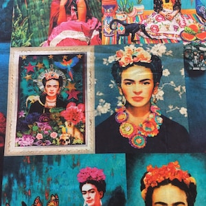 Frida Kahlo Teal Cotton Fabric - Asamani Fabrics