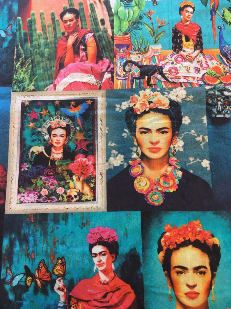 Frida Kahlo Teal Cotton Fabric - Asamani Fabrics