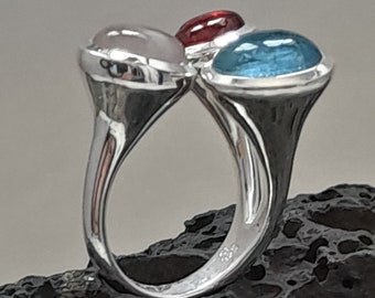 Ring handmade with Silver 1stLey(925), Blue Topaz, Hessonite Garnet and Rose Quartz.