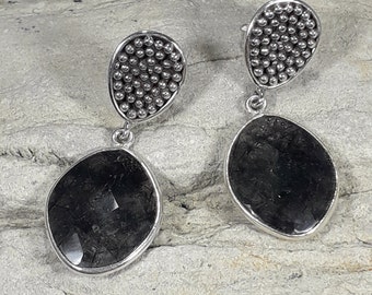 Sterling Silver (925) Earrings with Black Turmalined Quartz Gems.