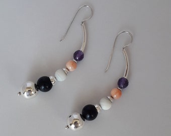 Sterling Silver (925) Earrings with Onix,Agat,Coral and Amethyst Gems.h Gems.