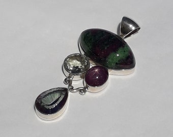 Sterling Silver 925 Pendant with Zoisite,Star Ruby,Prasiolite and Quartz.925 Silver Pendant with Zoisite,Star Ruby,Prasiolite and Quartz.