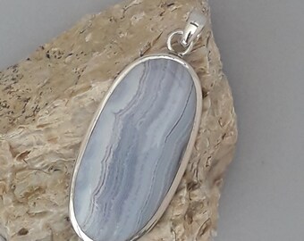 Silver Pendant 1st Law (925) with Natural Chalcedony. Sterling Silver(925) Pendant with Blue Lace Agate Gem