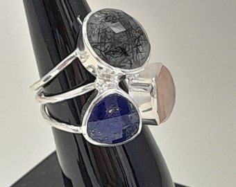 Silver Ring 1st Law (925) with Tourmaline Quartz, Rose Quartz and Natural Lapis Lazuli.