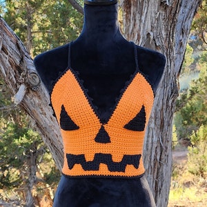 Jack-o&#39;-Lantern Bralette Top | Orange Halloween Top | Costume Party Top | Spooky Bralette | Cotton Crochet Crop Top