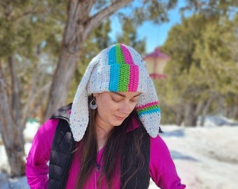 Rainbow Speckled Varsity Bunny Beanie, Bunny Ear Hat