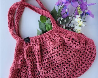 Medium Sized Rose Pink French Market Bag, Summer Bag, Cotton Market Bag, French Market Tote, Net Market Bag, Beach Bag