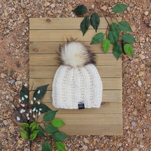 Cream Colored Knit Beanie with Faux Fur Pom, Women's Wool Blend Knit Beanie, Chunky Knit Beanie, Women's Winter Hat, Winter Beanie, Knit Hat