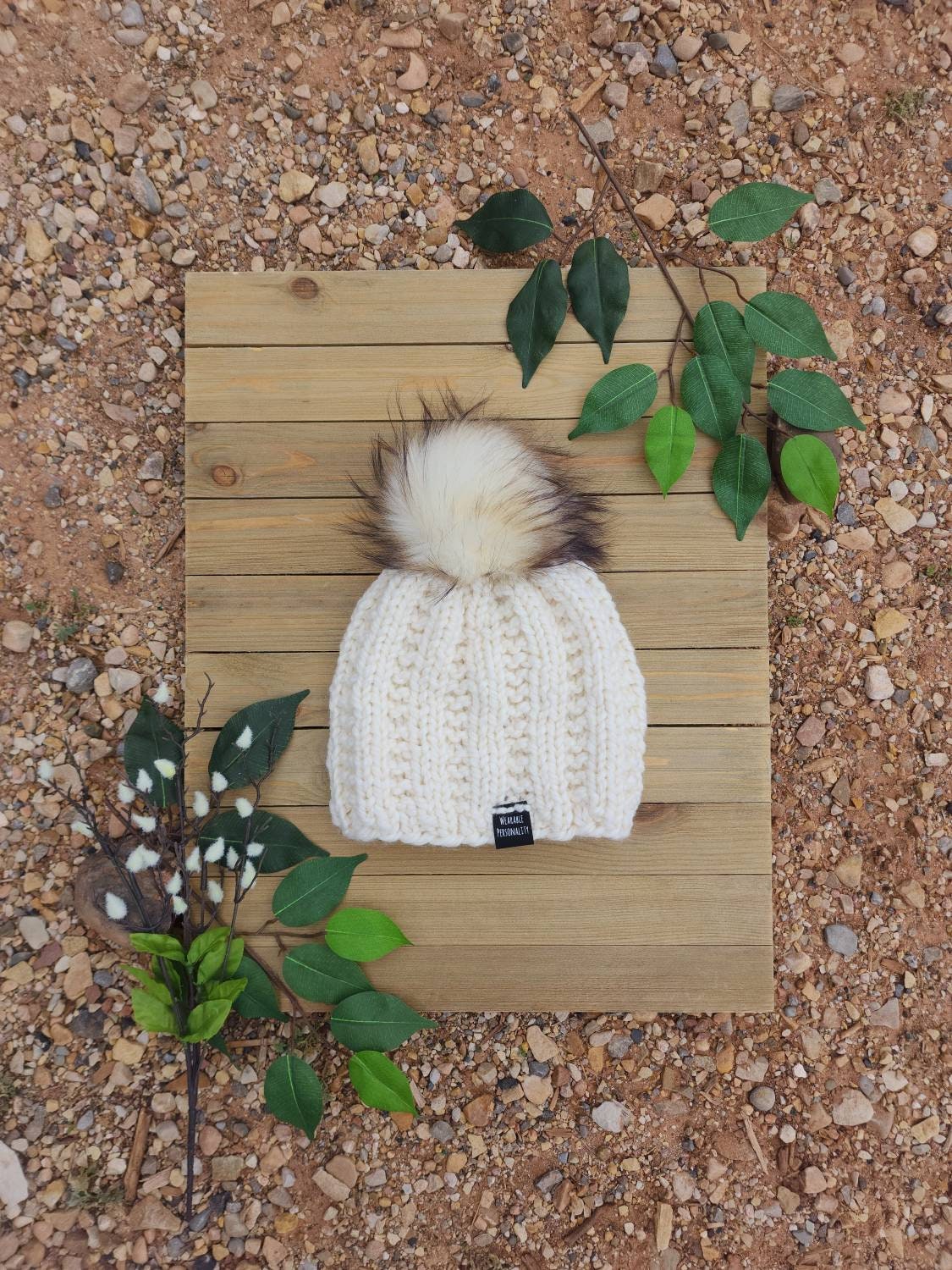 Cream Colored Knit Beanie With Faux Fur Pom, Women display picture 2