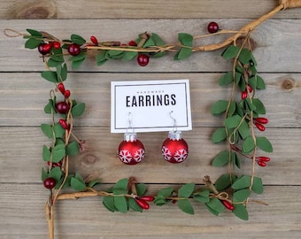 Rot mit Schneeflocken Glas Ohrringe, Weihnachtsschmuck, Weihnachtsschmuck, Weihnachtsschmuck