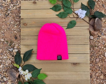 Neon Pink Knit Beanie, Pink Caution Beanie, Hot Pink Hat, Neon Hat for Hunters, One Size Fits Most