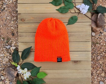 Neon Orange Knit Beanie, Orange Caution Beanie, Hot Orange Hat, Neon Hat for Hunters, One Size Fits Most