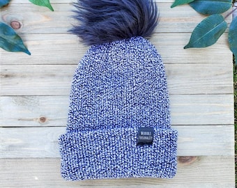 Black and White Knit Beanie with Black Faux Fur Pom, Winter Knit Hat, Folded Brim Knit Beanie