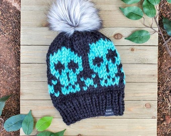 Buccaneer Scull Knit Beanie with Faux Fur Pom, Skull Punk Beanie, Adult Winter Hat