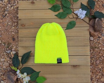 Neon Yellow Knit Beanie, Yellow Caution Beanie, Bright Yellow Hat, Neon Hat for Hunters, One Size Fits Most