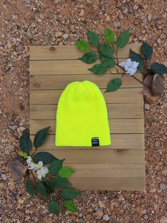 Neon Yellow Knit Beanie, Yellow Caution Beanie, Bright Yellow Hat, Neon Hat for Hunters, One Size Fits Most