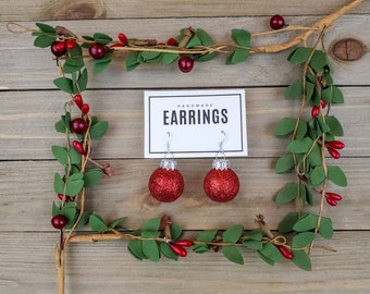 Red Glitter Glass Christmas Ornament Earrings on Sterling Silver, Christmas Ornament Earrings, Holiday Jewelry, Christmas Earrings