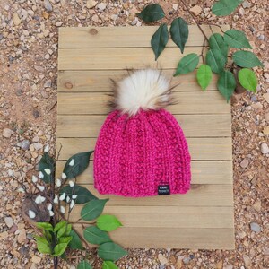 Pink Ribbed Knit Beanie with Faux Fur Pom, Women's Wool Blend Knit Beanie, Chunky Knit Beanie, Women's Winter Hat, Winter Beanie, Knit Hat
