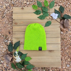 Neon Green Knit Beanie, Green Caution Beanie, Hot Green Hat, Neon Hat for Hunters, One Size Fits Most