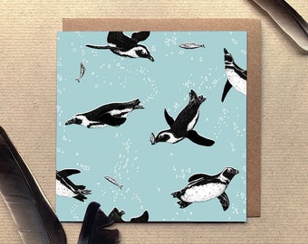 Swimming Penguins Illustrated Greetings Card