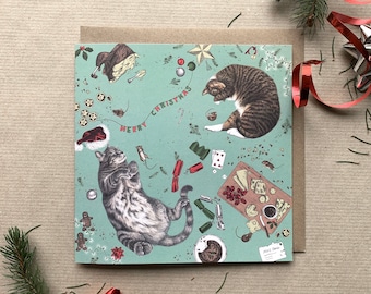 Grey Tabby Cats & Mice Christmas "Home Alone" Illustrated Greetings Card - Premium Quality