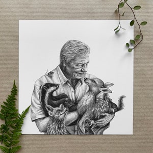 Sir David Attenborough & Woodland Animals Illustrated Poster/Print - 8x8&quot; Square - Premium Quality Gold Foil Halo