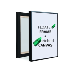 May include: A black floating frame with a white background and green paint strokes. The text "FLOATER FRAME + stretched CANVAS" is printed on the frame.