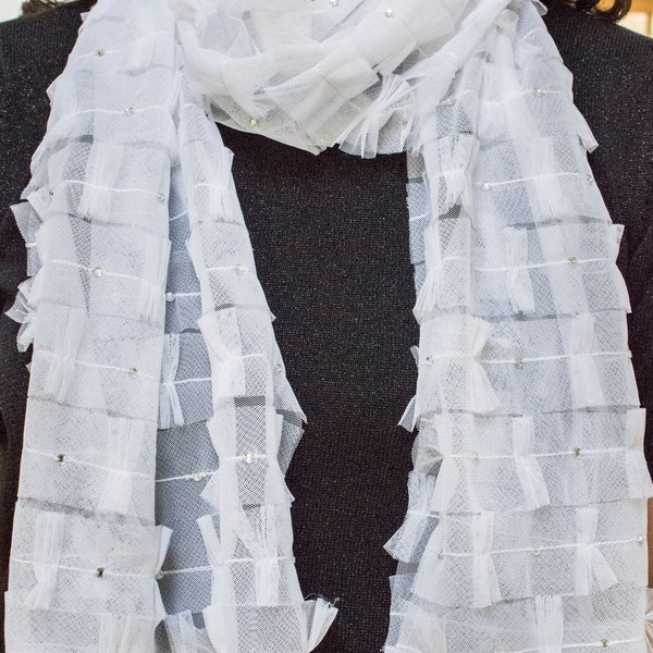 White tulle frilly scarf