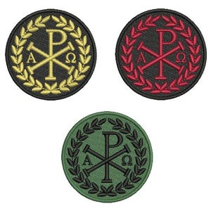 May include: Three circular embroidered patches featuring the Chi Rho symbol, a Christian symbol. One has a black background with gold details, another has a black background with red details, and the third has a green background with black details. Each patch is surrounded by a laurel wreath.