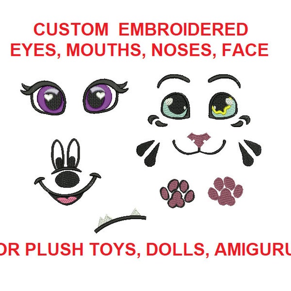 Custom embroidered Toy  eyes, mouths, lips patches.
