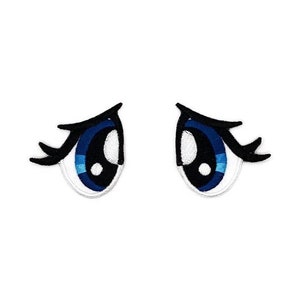 Peut inclure: Deux yeux de dessin animé bleus avec des contours blancs et des cils noirs. Les yeux sont brodés et ont une pupille noire.