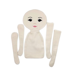May include: A set of five beige fabric doll pieces, including a head with embroidered facial features, a body, and two arms. The doll pieces are ready to be sewn together.