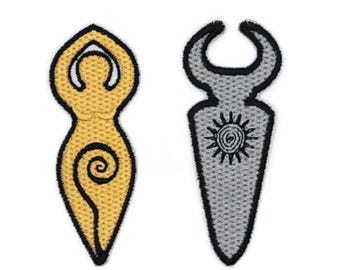 Embroidered Wiccan God and Spiral Goddess patches. H: 3" (7.6cm.)