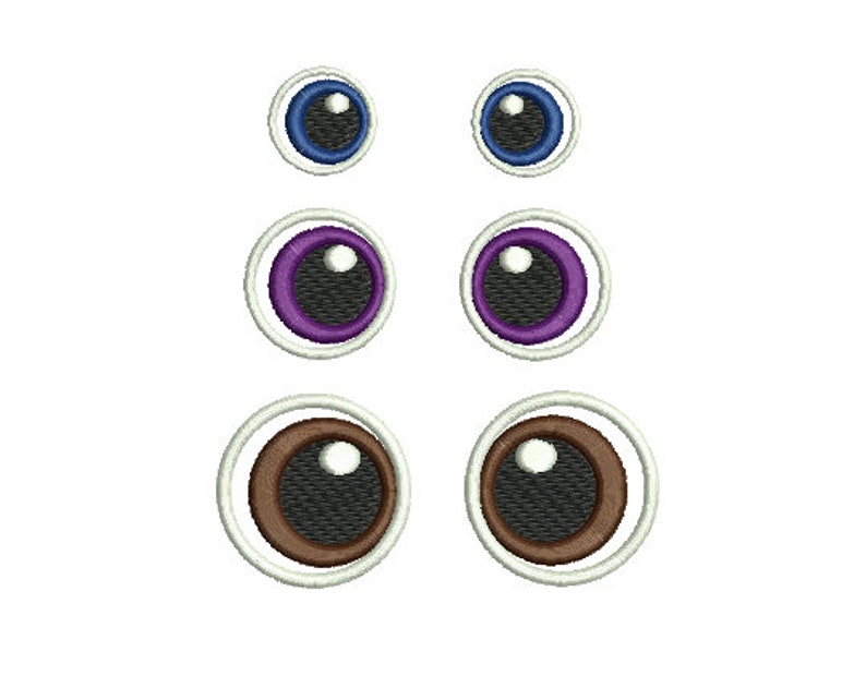May include: Three pairs of googly eyes in different colors. The first pair is blue, the second pair is purple, and the third pair is brown.