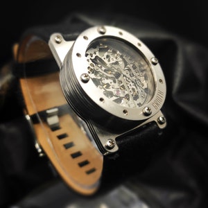 Industrial mechanical automatic watch. Case size M - 36mm. Skeleton watch. Black leather strap. Personalized watch with initials