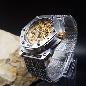 Unusual watch for man. Mechanical automatic gold skeleton movement. Silver stainless steel MESH bracelet. Perfect gift for gentleman. 40mm image 1