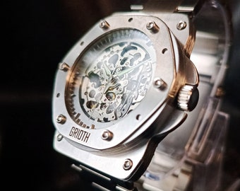 Große individuelle Herrenuhr. XL Durchm 45 mm Mechanisches Automatikwerk. Breites Armband aus Edelstahl Perfektes Geschenk für Gentleman