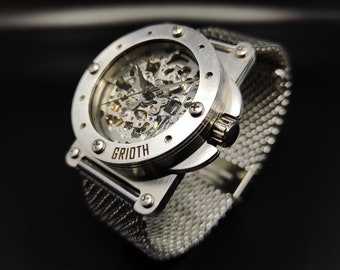 Industrielle mechanische Automatik Uhr. Größe M - Durchm. 36mm. Skeleton einzigartige Uhr. Armband aus Edelstahl. Perfektes Geschenk für echten Gentleman