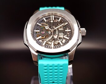 SEIKO Aquanaut skeleton watch mod 39mm. Automatic movement, sapphire crystal, tiffany blue strap, gift box, fast shipping. SeikoNaut