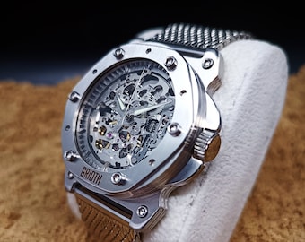 Ausgefallene Armbanduhr für Herren. Mechanisches Automatik-Skelett-Uhrwerk. Silber Edelstahl MESH Armband. Perfektes Geschenk für Gentleman