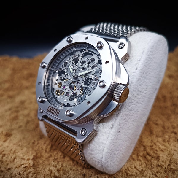 Ausgefallene Armbanduhr für Herren. Mechanisches Automatik-Skelett-Uhrwerk. Silber Edelstahl MESH Armband. Perfektes Geschenk für Gentleman