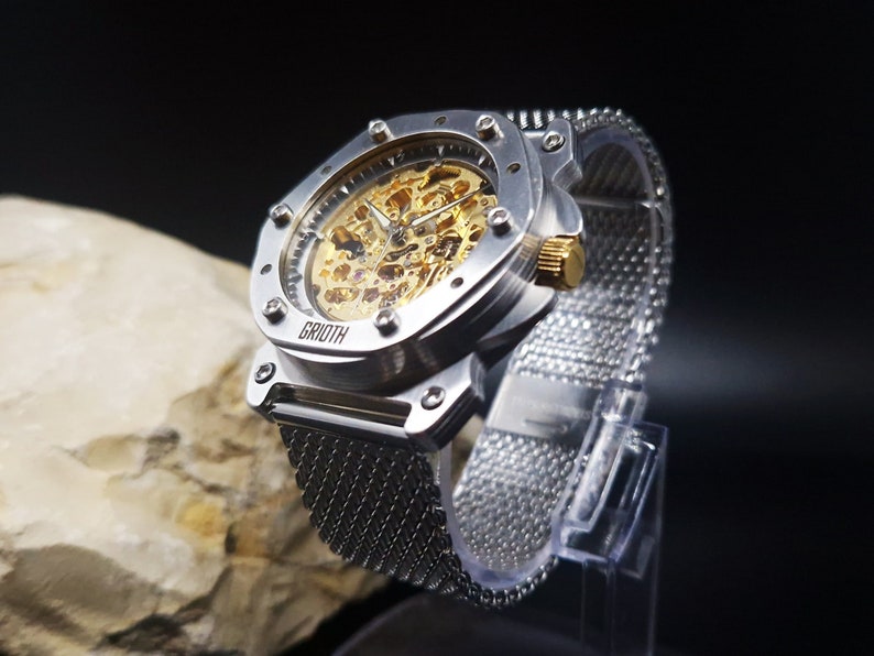 Unusual watch for man. Mechanical automatic gold skeleton movement. Silver stainless steel MESH bracelet. Perfect gift for gentleman. 40mm image 1