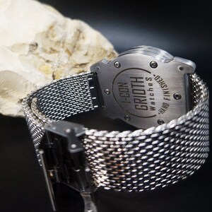 Unusual watch for man. Mechanical automatic gold skeleton movement. Silver stainless steel MESH bracelet. Perfect gift for gentleman. 40mm image 5