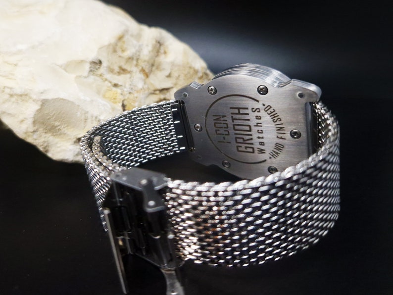 Unusual watch for man. Mechanical automatic gold skeleton movement. Silver stainless steel MESH bracelet. Perfect gift for gentleman. 40mm image 5