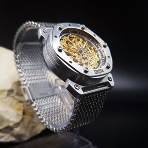 Unusual watch for man. Mechanical automatic gold skeleton movement. Silver stainless steel MESH bracelet. Perfect gift for gentleman. 40mm image 2