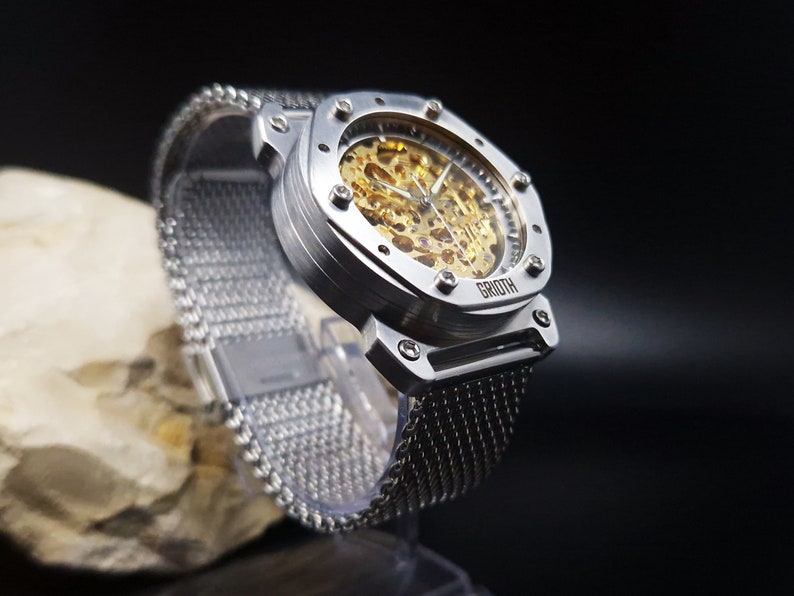 Unusual watch for man. Mechanical automatic gold skeleton movement. Silver stainless steel MESH bracelet. Perfect gift for gentleman. 40mm image 2