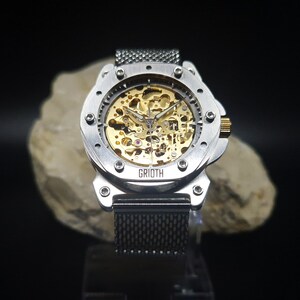 Unusual watch for man. Mechanical automatic gold skeleton movement. Silver stainless steel MESH bracelet. Perfect gift for gentleman. 40mm image 3